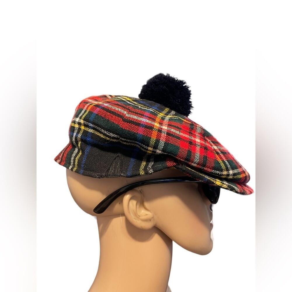 Vintage Foxhunter Newsboy Cap Hat Pure Wool Plaid Pom Pom  7 1/8 Made In Ireland